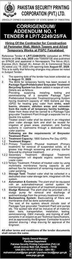 Pakistan Security Printing Corporation Private Limited Karachi Tender Notice
